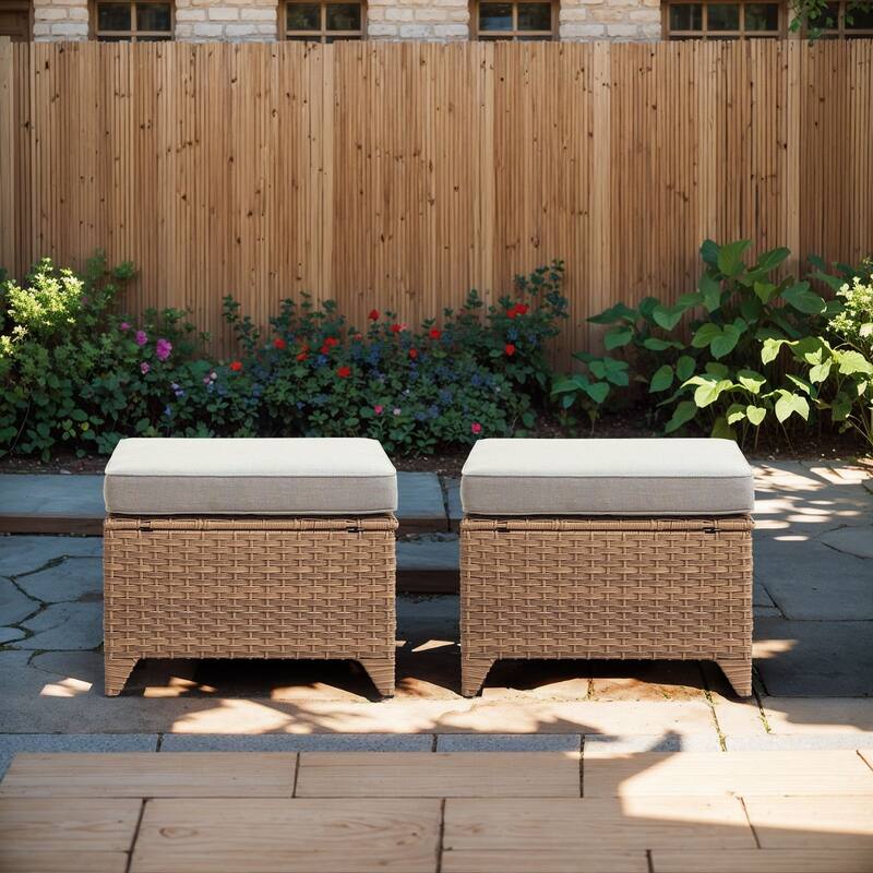 Outdoor Patio Footstool Ottomans with Cushion Yellow-Beige - Yellow - Beige - Yellow