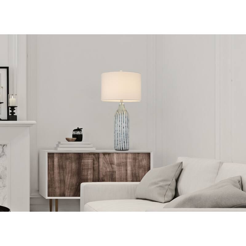 30" Aqua Grey Glass Table Lamp with White Drum Shade and 3-Way 72” Cord Switch for Bedroom - 30" H x 15" W x 15" D