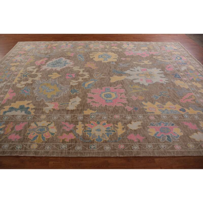 Hand Knotted Oriental 100% Wool Carpet Transitional All-Over Brown Oushak Area Rug - 12' 8'' X 8' 11''