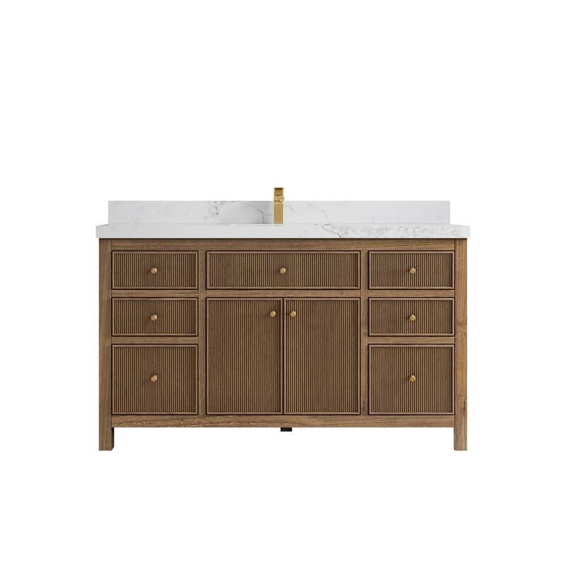 Willow Collections 60 in. W x 22 in. D Sonoma Teak Wood Single Sink Bathroom Vanity with Countertop - 2" Calacatta Nuvo - Dark Natural