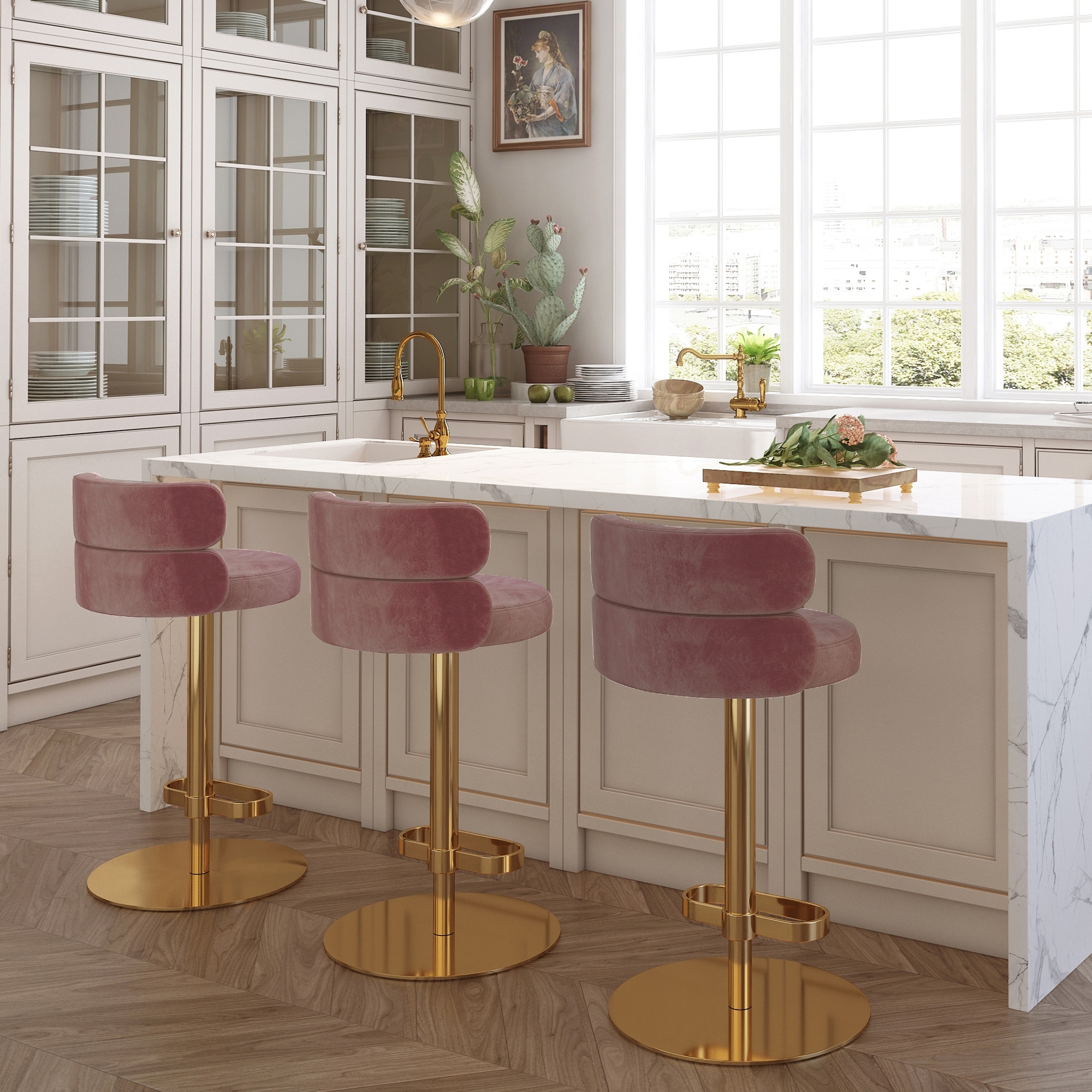 Modern Velvet Bar stool with Height Adjustable and Swivel