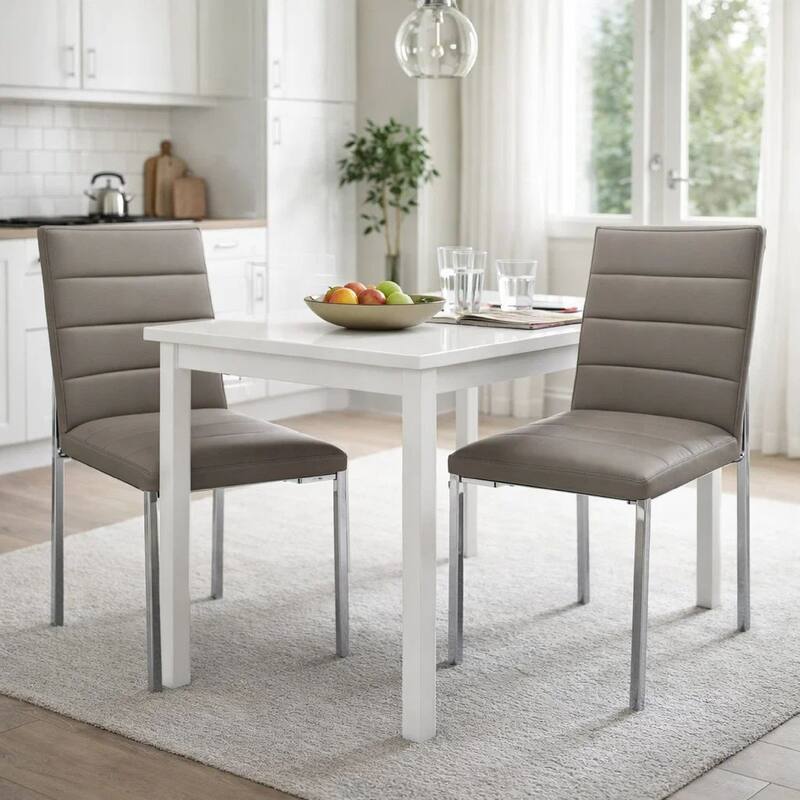 Eun 23 Inch Faux Leather Channel Dining Chair, Chrome Legs, Set of 2, Gray