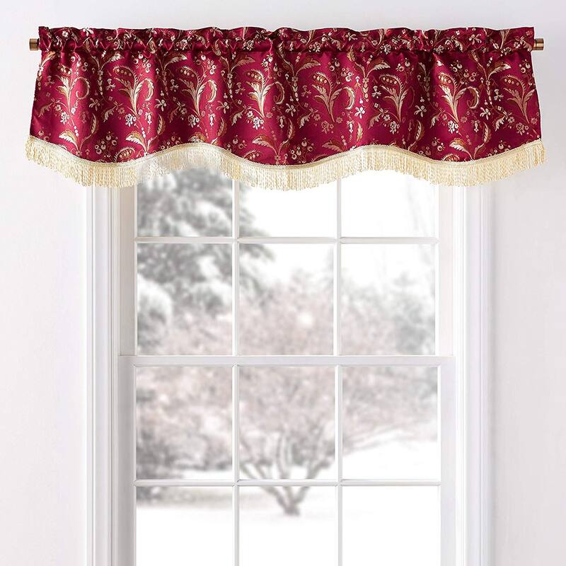 Violet Linen Luxury Floral Damask, 60" x 15", Straight, Rod Pocket Curtain Valance - Burgundy
