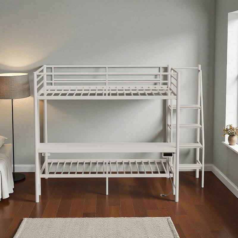 Full Size Loft Bunk Bed with Twin Space, Desk, RGB LED Lights, Charging Station, Storage Shelves and Safety Guardrails