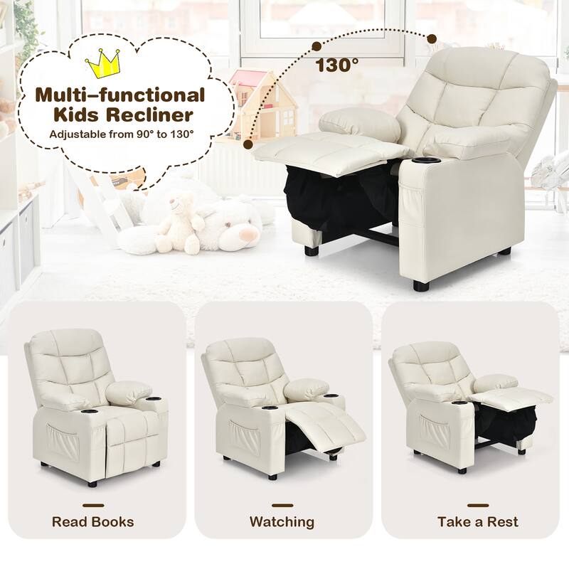 Costway Kids Youth Recliner Chair PU Leather w/Cup Holders & Side