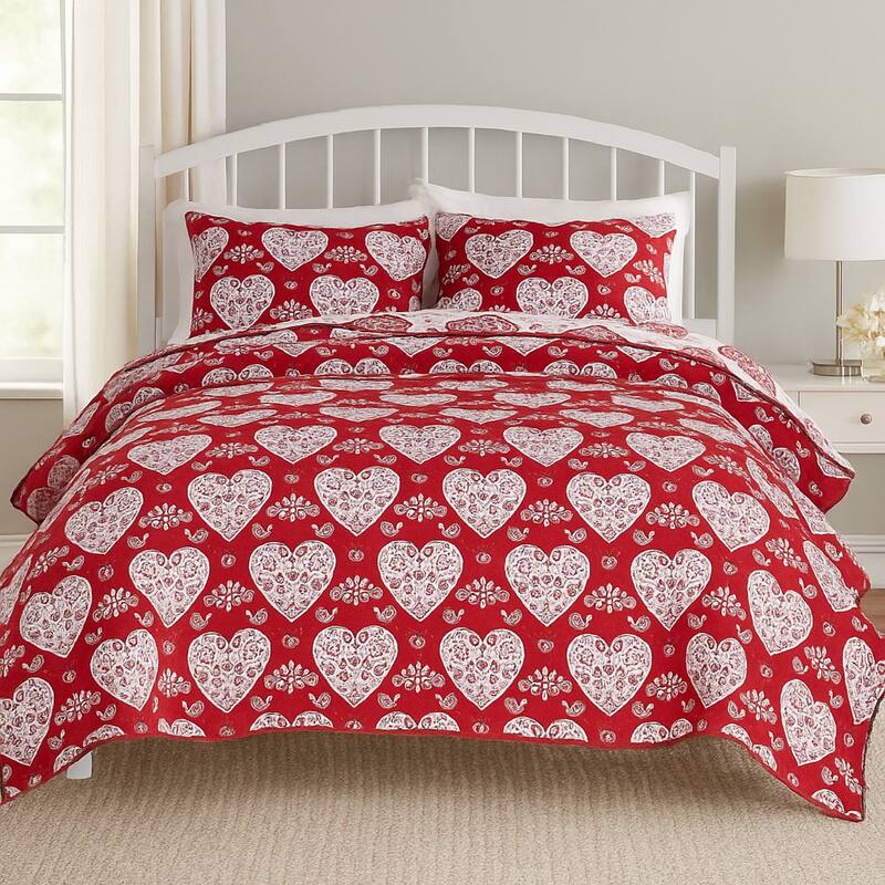 Liv 3pc King Size Coverlet Set, Woven Jacquard Matelasse, Red, White