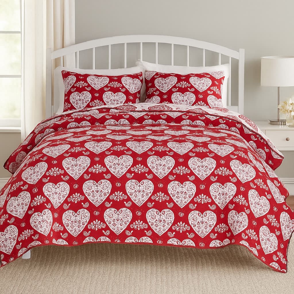 Liv 3pc King Size Coverlet Set, Woven Jacquard Matelasse, Red, White