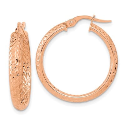Curata 14k Gold Rose Polished and Sparkle Cut Fancy 25.79x3.75mm Hoop Earrings