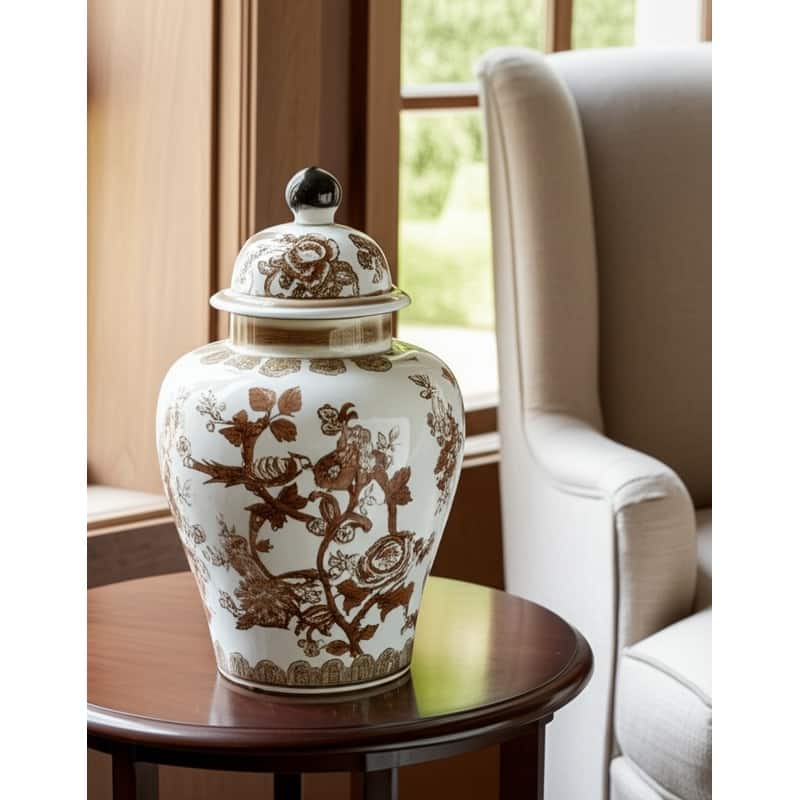 Stoneware Jar Chinoiserie Floral Bird Design Home Office - 12" Brown