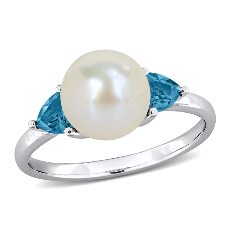 Miadora 8-8.5mm Cultured Freshwater Pearl 5/8ct TGW London Blue Topaz Ring 10k White Gold