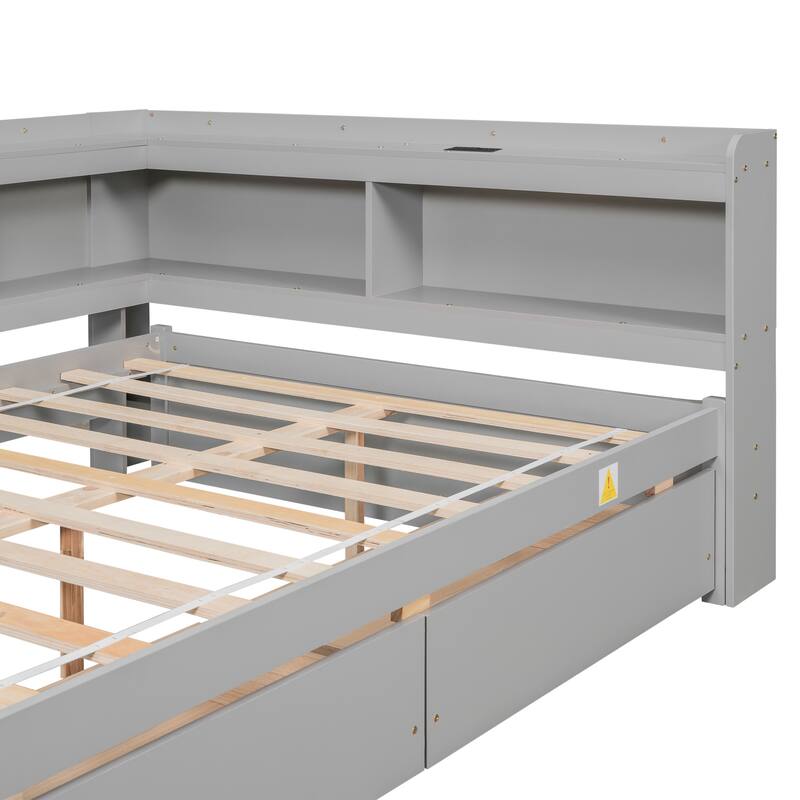 Bed with L-shaped Bookcases, Drawers