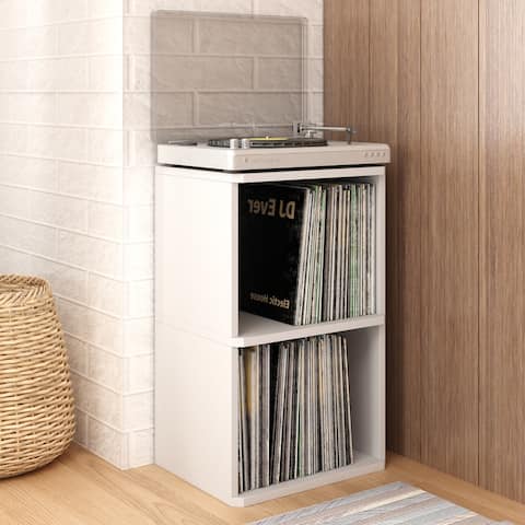 Way Basics Vintage Vinyl Record Cube 2-Shelf Storage, Turntable Stand Organizer - Fits 170 LP Albums, White