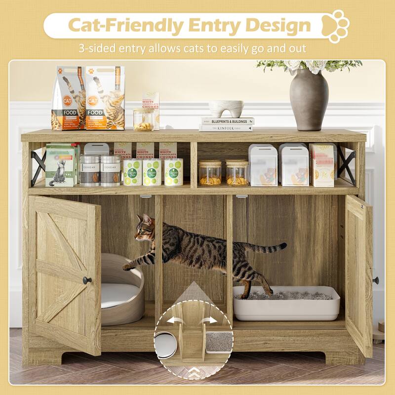 Cat Litter Box Enclosure for 2 Cats, Double Hidden Litter Box Furniture, Farmhouse Indoor Cat House End Table