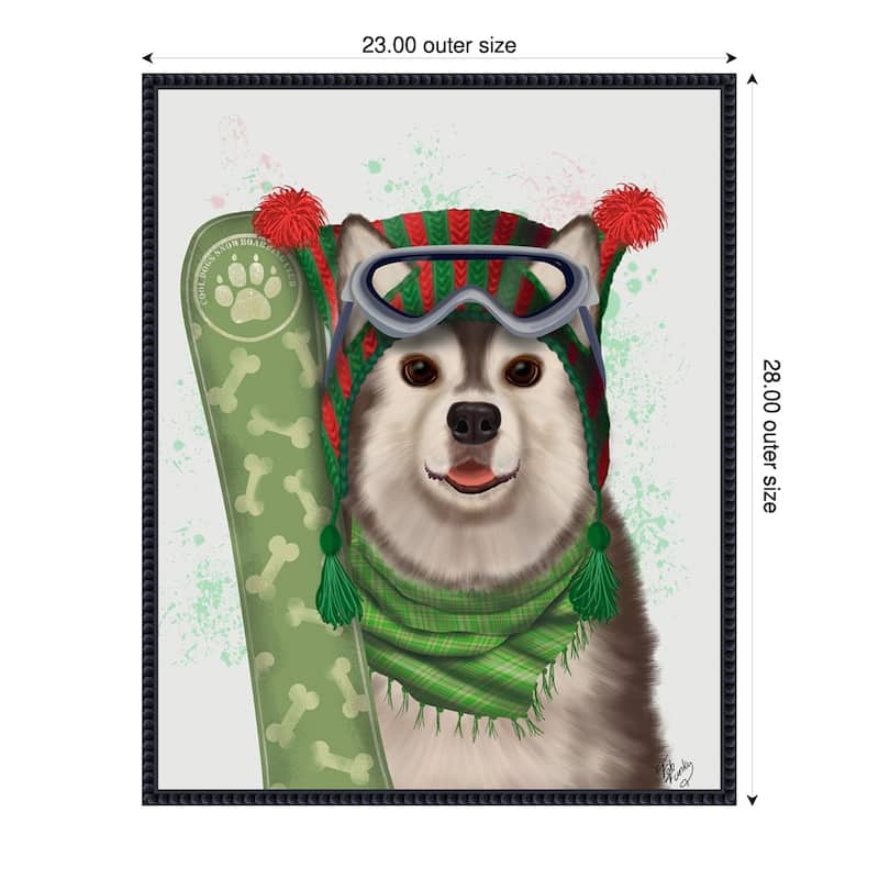 Christmas Husky Snowboard by Fab Funky (23 x 28 in.), Framed Canvas Wall Art Print - Sylvie Beaded Black