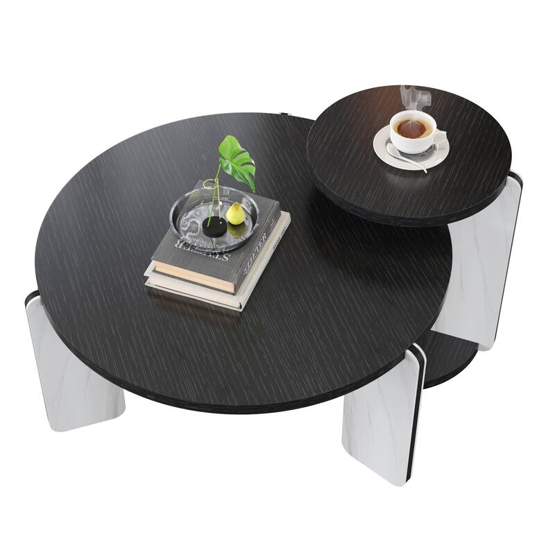Round Nesting Coffee Table Set of 2, Sintered Stone Top Nesting Tables with Metal Frame, Modern Accent Side Table Set