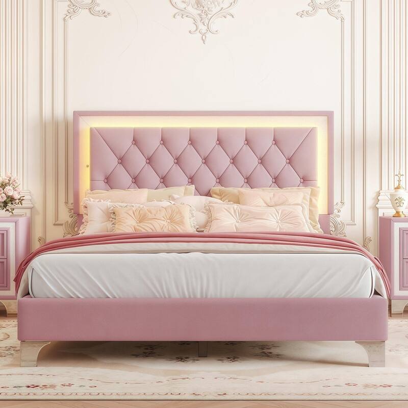 Full Size Velvet Upholstered Platform Bed with LED Lights, Tufted Headboard