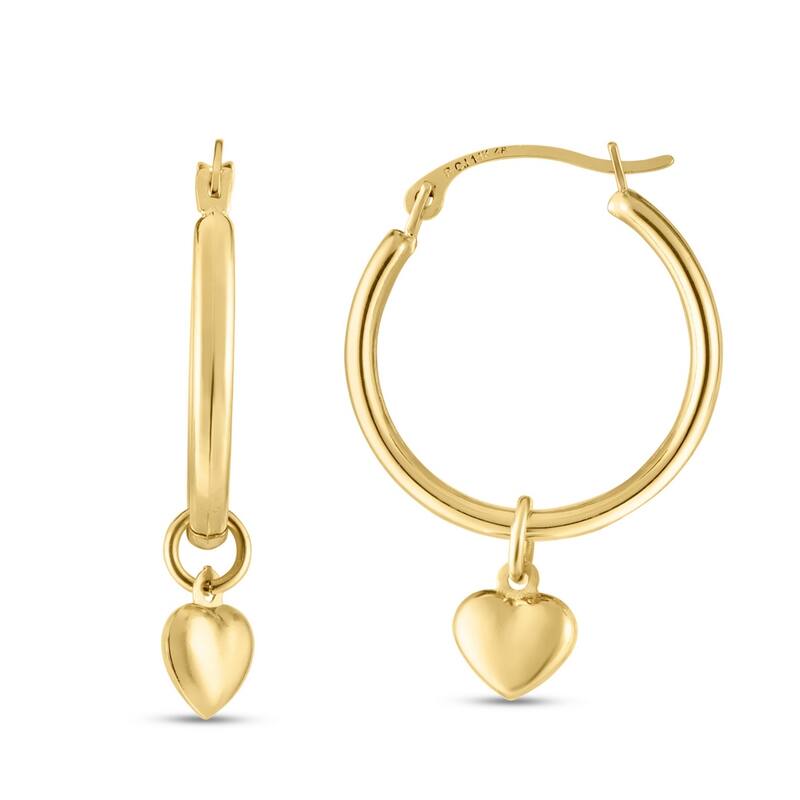 Curata 14k Yellow Gold Dangle Puffed Heart on Classic 18mm Hoop Earrings