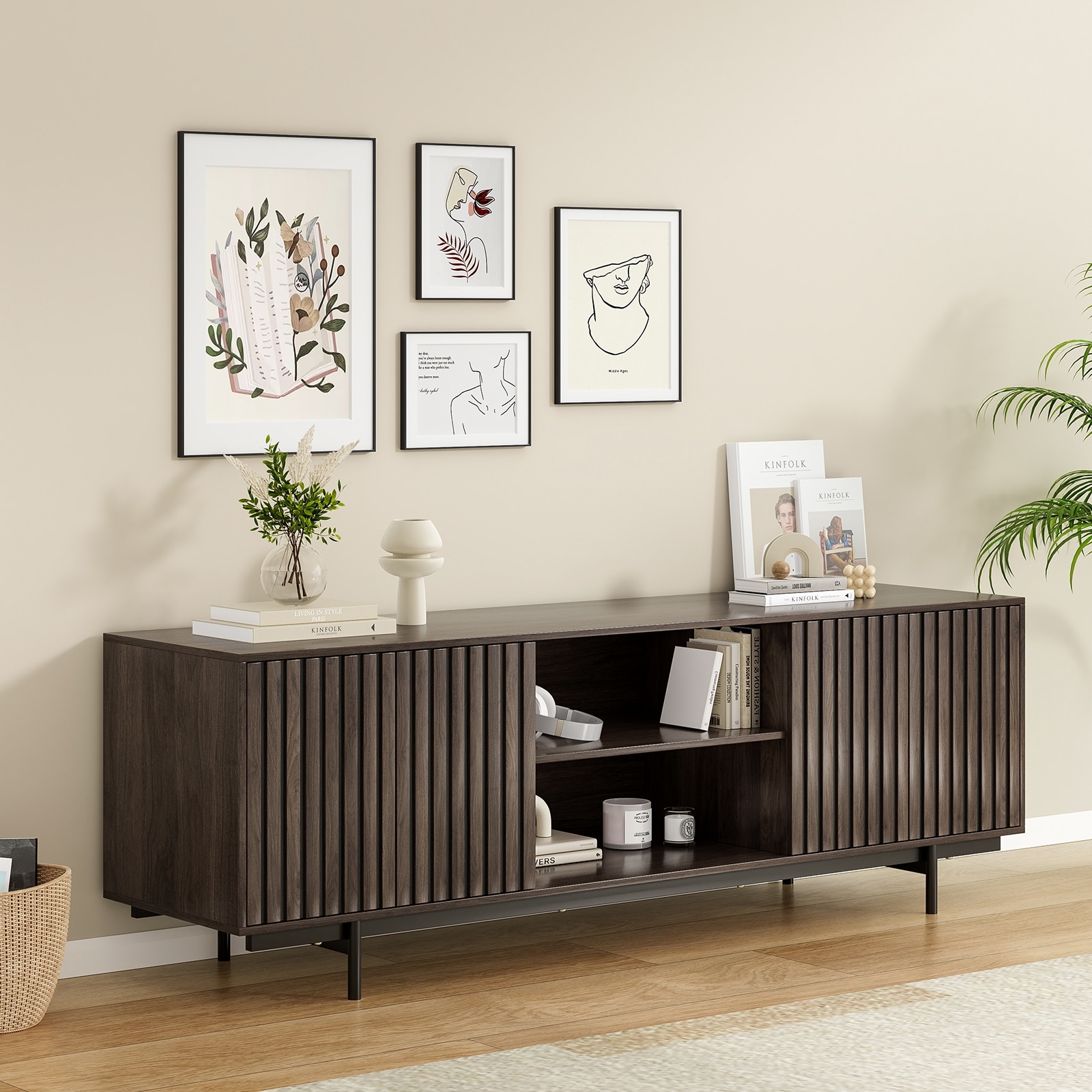 Mid Century Modern TV Stand for TVs Up to 75", Farmhouse Fluted TV Stand, Retro Wood TV Stand with Storage and Shelf