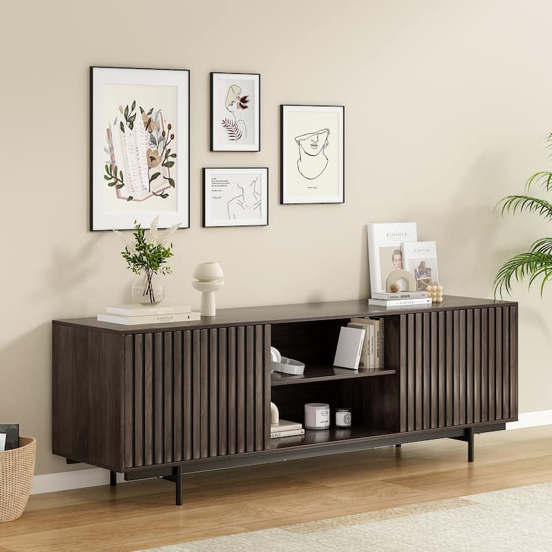 Retro Wooden TV Stand for TVs Up to 75", Fluted Media Cabinet with Storage and Shelf