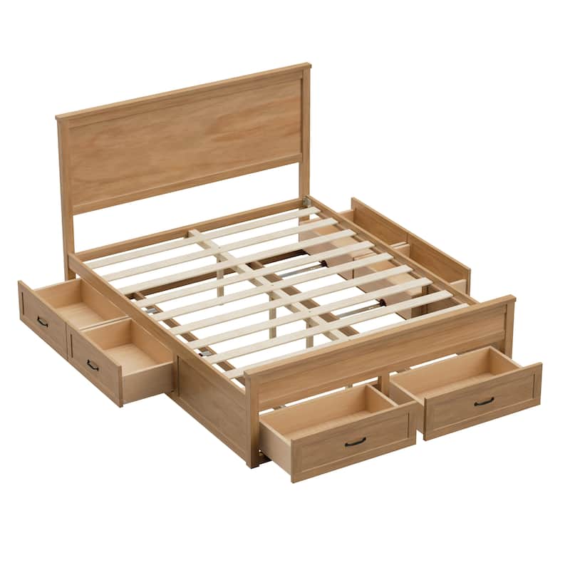 Modern Storage Bed Wood Bed Frame Queen Size Platform Bed with 6 Pull-out Storage Drawers and Panel Headboard Wood Slats Support