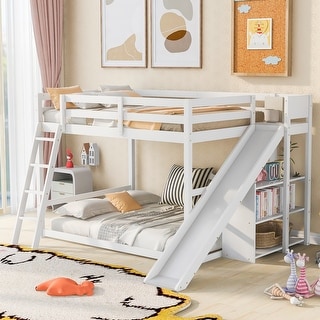 Minimalist Design Full over Full Wooden Bunk Bed with Slide,Built-In Sloping Ladder and Storage Shelves