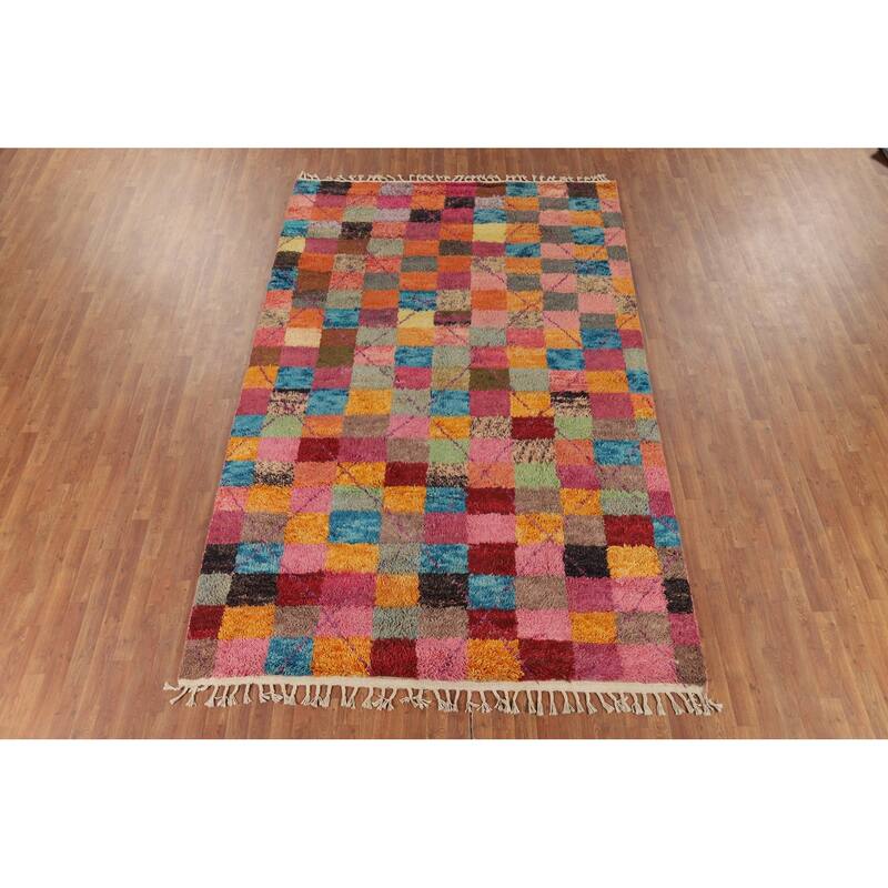 Checkered Plush Moroccan Oriental Area Rug Handmade Wool Carpet - 6'6" x 10'9"