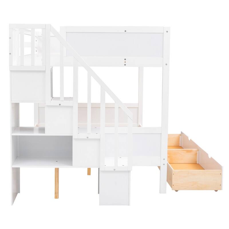 Bunk Bed with 2 Drawers, Twin Over Full Bunk Bedframe with Shelfs and Storage Staircase for Kids Boys Girls Teens