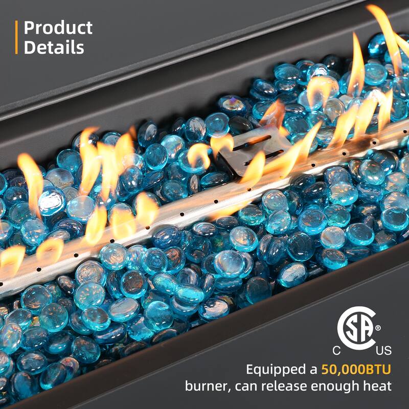 Patio Watcher iron outdoor fire pit table with gas tank cover, lid, and glass wind guard