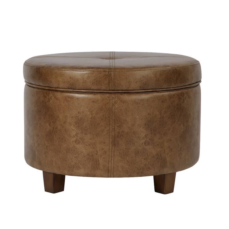 Soni Round Storage Ottoman, 24 Inch Brown Faux Leather, Wood Legs
