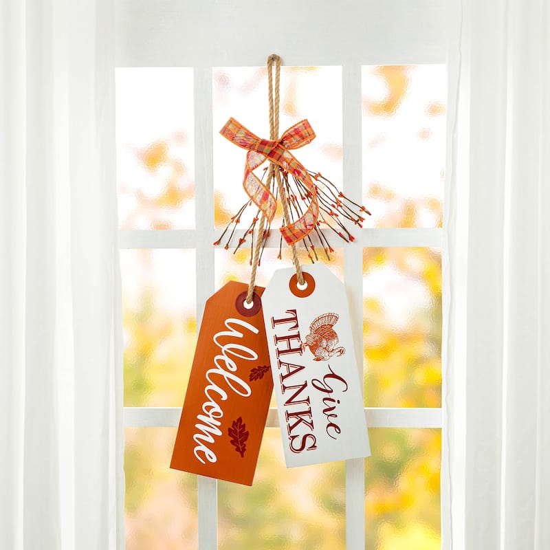 Glitzhome 24"H Hello Fall Give Thanks Wooden Door Hanger Thanksgiving Decor - Give Thanks