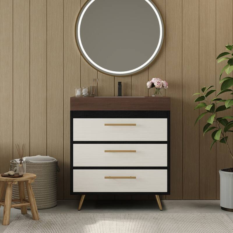 29.9" Modern Free-Standing Vanity with Ceramic Vessel Sink & Durable Sintered Stone Top - Black,Walnut,White