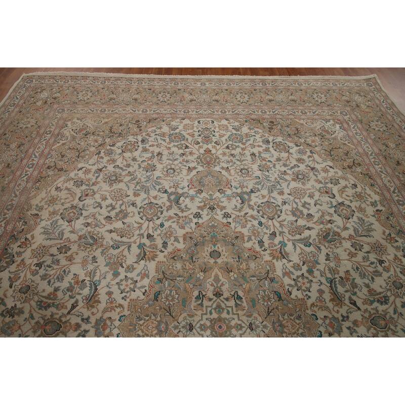 Hand Knotted Oriental 100% Wool Carpet Traditional Floral Beige & Ivories Kashan Area Rug - 12' 8'' X 9' 10''