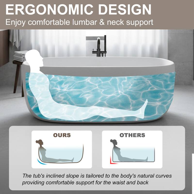 Solid Surface Freestanding Soaking Bathtub with Center Drain and Pop-up Drain, Modern Tubs with Overflow