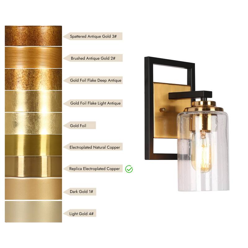 Modern Black Gold 1-Light Mini Bathroom Wall Sconce Seeded Glass Vanity Lights - 5.5" L x 6" W x 10" H