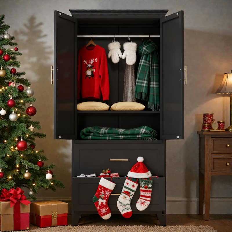 71 Inch Tall Metal Wardrobe Cabinet with 2 Drawers and Hanging Rod, 2 Door Steel Closet with Shelf for Bedroom