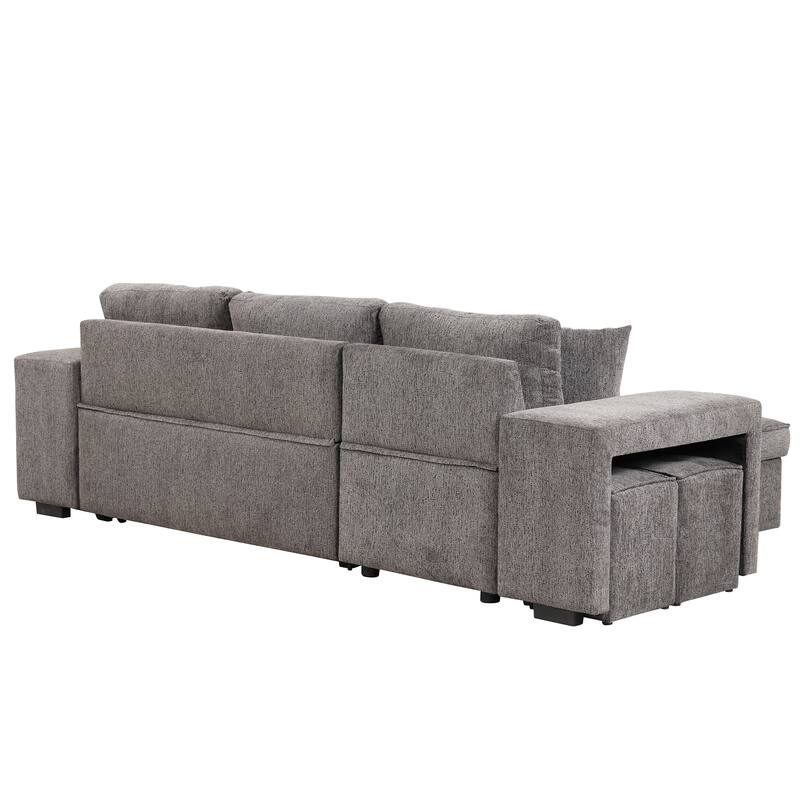 104.5" Linen L-Shaped Sectional Sofa with Pull-Out Bed and Storage Chaise, Includes 2 Stools