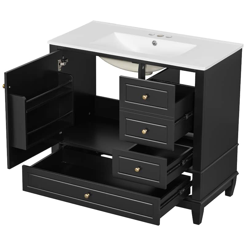 36"Bathroom Vanity with Ceramic Sink, 3 Drawers & Cabinet with Shelves, Freestanding Vanity Cabinet with 4-Inch Faucet Holes