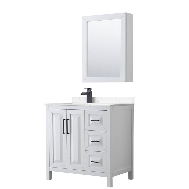 Wyndham Collection WCV252536S-Left-VCA-MED Daria 36" Free Standing - White / Carrara Cultured Marble Top / Matte Black