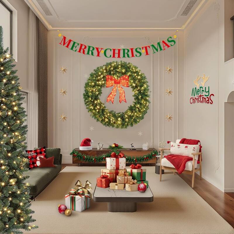 Pre-Lit Christmas Wreath with Bow for Indoor Outdoor Holiday Party
