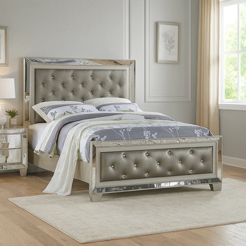 Reva California King Bed with Mirror Inlay, Upholstered Gray Faux Leather
