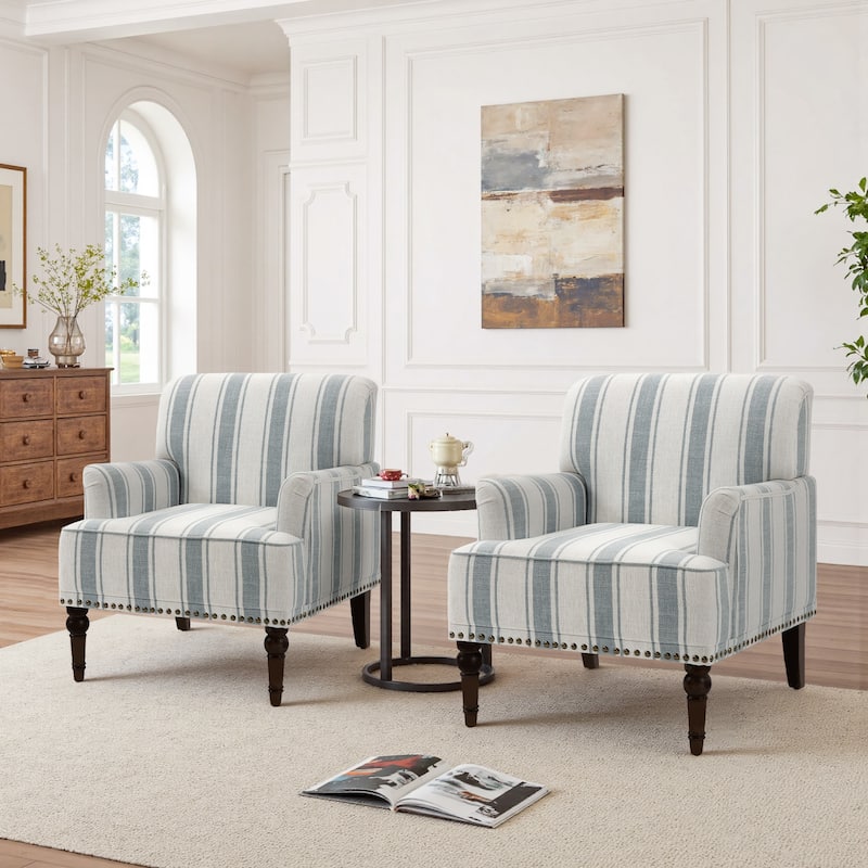 Set 2 Striped Upholstered Linen Armchair with Brass Nailhead Trim