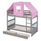 preview thumbnail 8 of 7, Gray+Pink Twin Over Twin Solid Pine Wood House-Shaped Bunk Bed with Tent, Drawers, Convertible to 2 Beds