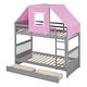 preview thumbnail 8 of 7, Gray+Pink Twin over Twin Bunk Bed Wood Bed with Tent and Drawers