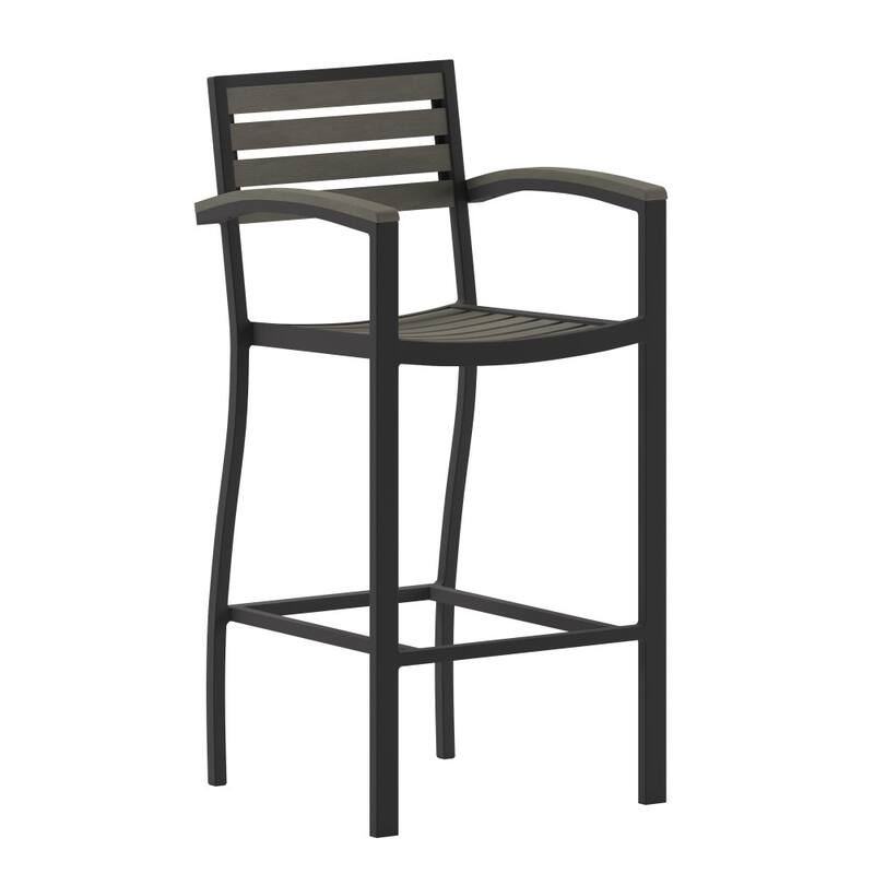 Commercial Grade Outdoor Bar Stool with Armrests and Poly Resin Slats