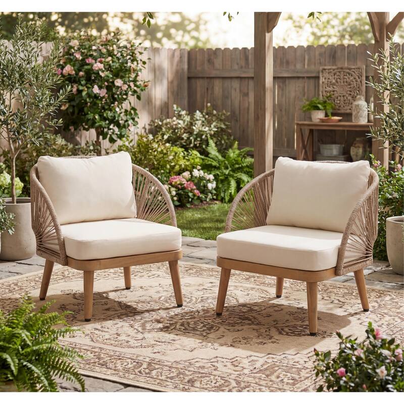 Christopher Knight Home - Outdoor Acacia Wood Club Chair with Curved Tub Design - Natural+Beige - Set of 2
