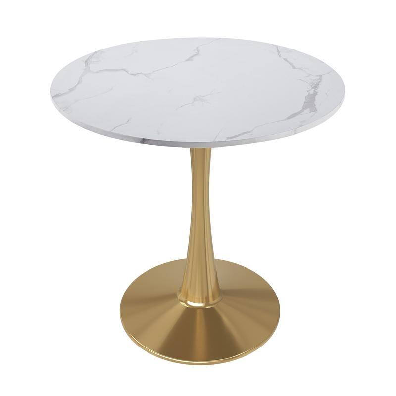 Bristol Minimalist Modern Round Dining Table with Solid Wood Top and Accent Gold Stainless Steel Base for Home or Kitchen - Marbled White - 35 Inches