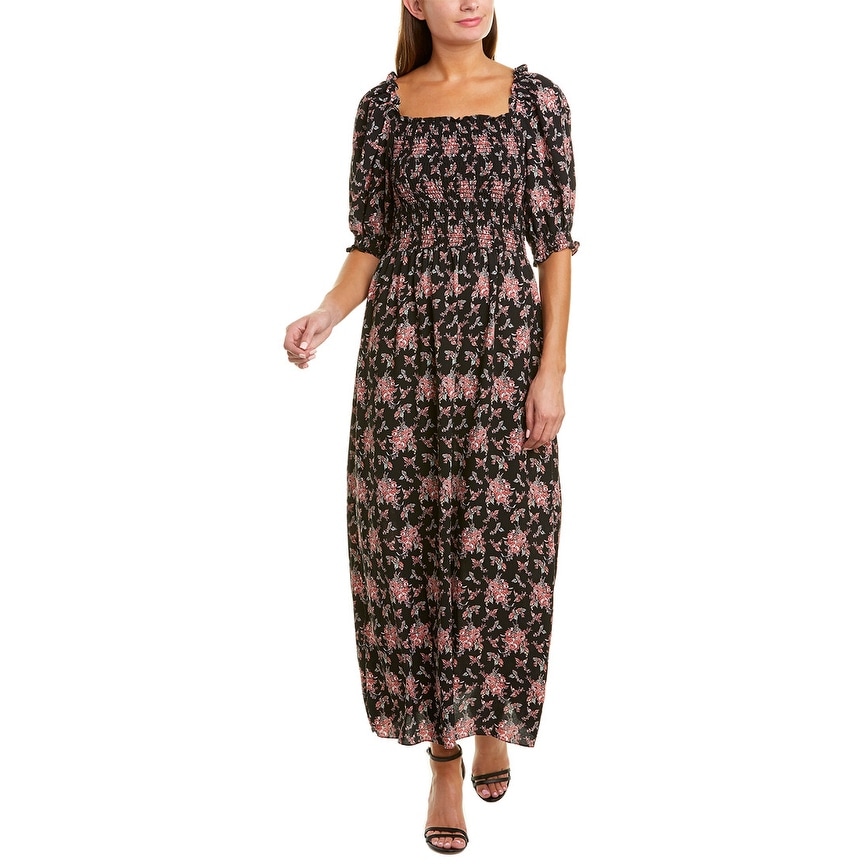 max studio floral print smocked maxi dress