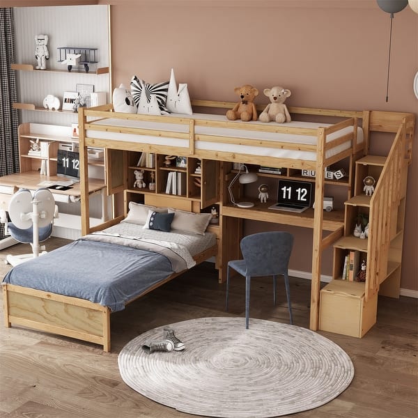 slide 2 of 34, Twin over Twin Bunk Bed with Built-in Desk and Storage Staircase, L-Shaped Bunk Bedframe with Storage Compartments and Shelves Natural