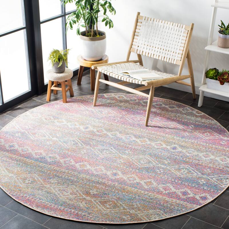 SAFAVIEH Summer Anjan Boho Indoor/ Outdoor Waterproof Patio Backyard Rug - 6'7" Round - Ivory/Pink
