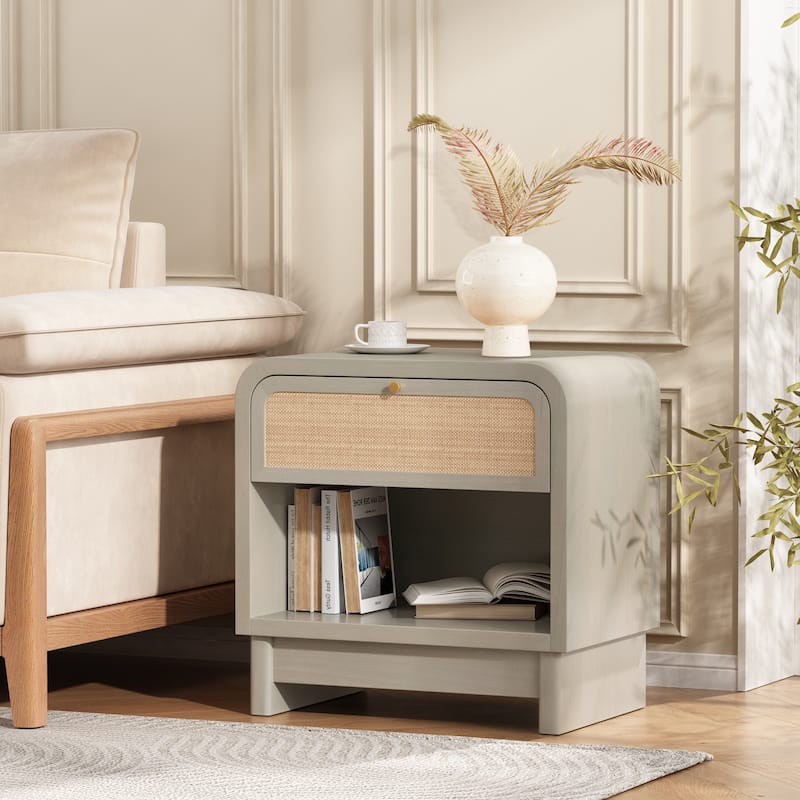 Christopher Knight Home - Boho Minimalist 23.62" Nightstand with Glide Drawer, Open Shelf & Iron Handle, Versatile Home Use - White Washed Oak+Sage Green Finish+Soft Gray - 1-drawer